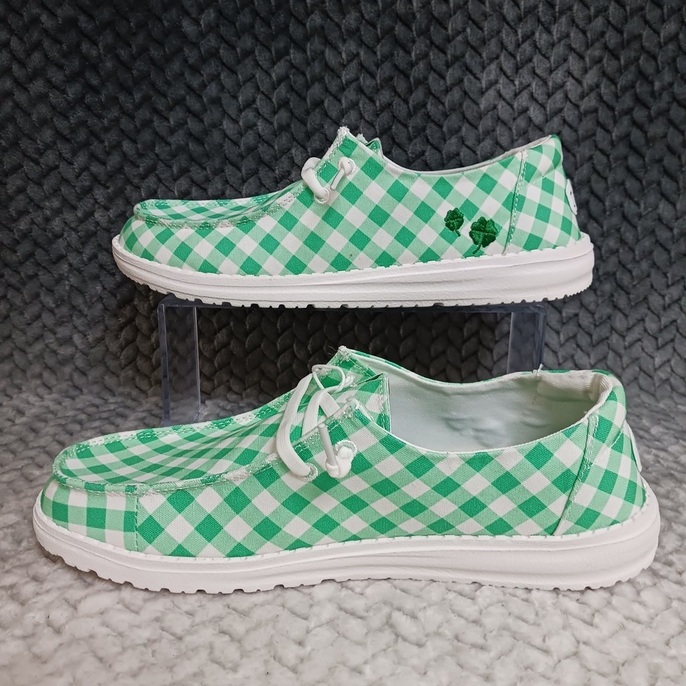 Hey Dude Wendy Shamrock Gingham Green White Women's Casual Slip-on Shoes Size 10 - Picture 2 of 12